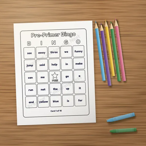 A printed page from the Sight Words Games Pack on a wooden table with colored pencils and crayons