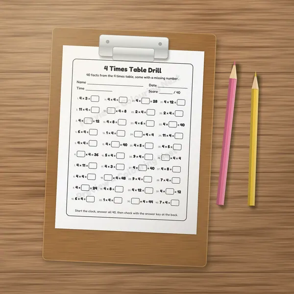 A printed page from the Times Tables Practice Pack on a clipboard, ready to color