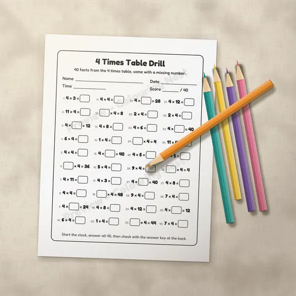 A page from the Times Tables Practice Pack half colored in with colored pencils