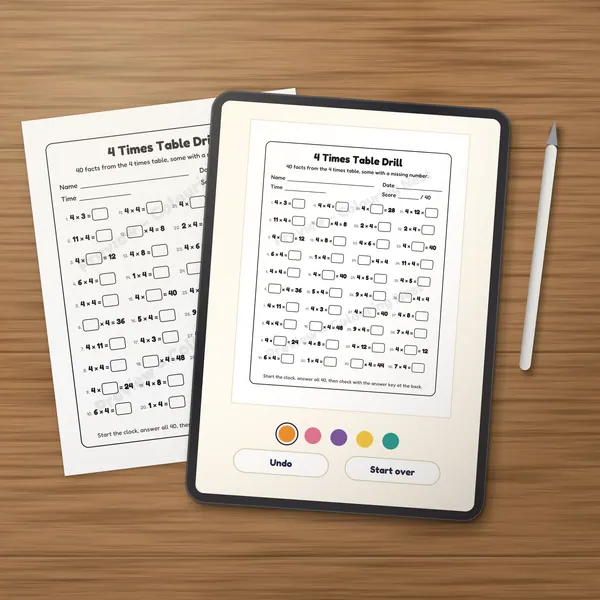 A page from the Times Tables Practice Pack being colored digitally on a tablet, next to a printed copy