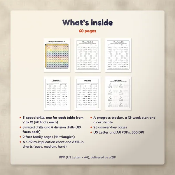 What’s inside the Times Tables Practice Pack: six of its pages and the contents list