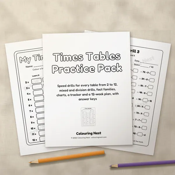 The Times Tables Practice Pack cover page and two inner pages, printed and fanned out on linen