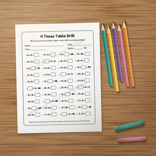 A printed page from the Times Tables Practice Pack on a wooden table with colored pencils and crayons