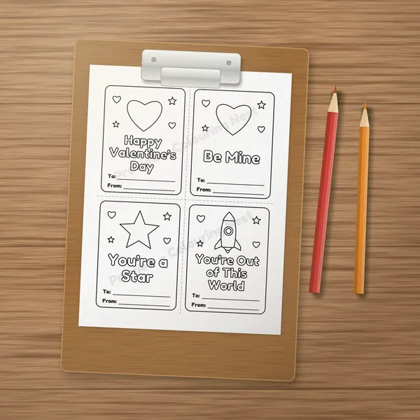 A printed page from the Valentine's Day Activity Pack on a clipboard, ready to color