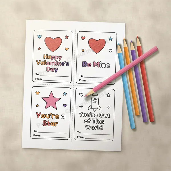 A page from the Valentine's Day Activity Pack half colored in with colored pencils