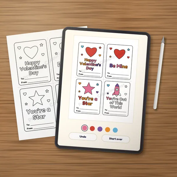 A page from the Valentine's Day Activity Pack being colored digitally on a tablet, next to a printed copy