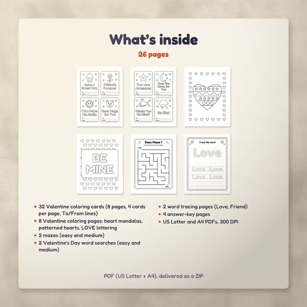 What’s inside the Valentine's Day Activity Pack: six of its pages and the contents list