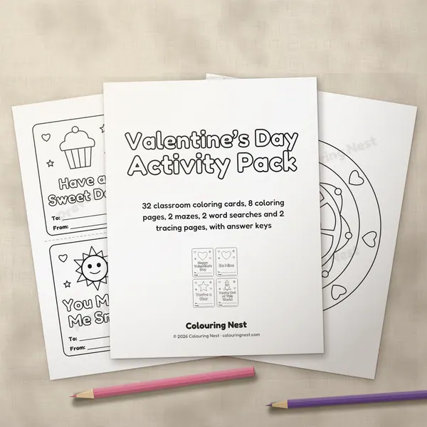 The Valentine's Day Activity Pack cover page and two inner pages, printed and fanned out on linen