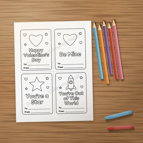 A printed page from the Valentine's Day Activity Pack on a wooden table with colored pencils and crayons