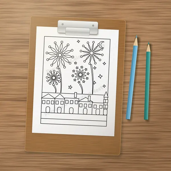 A printed page from the Winter & New Year Activity Pack on a clipboard, ready to color