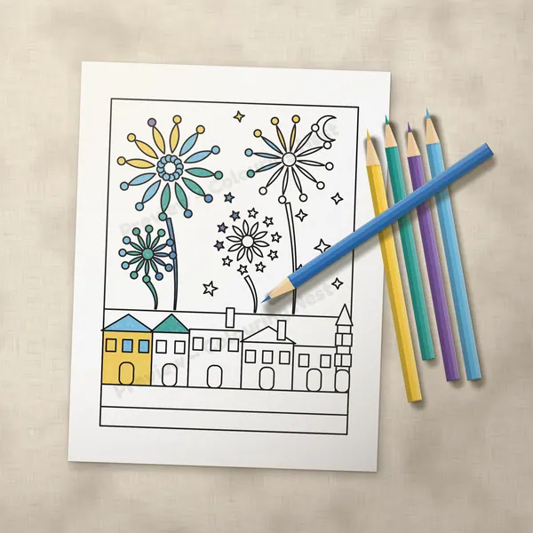 A page from the Winter & New Year Activity Pack half colored in with colored pencils