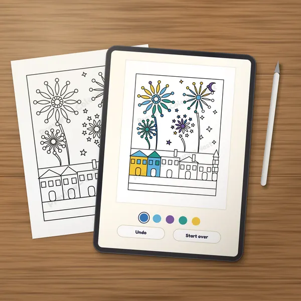 A page from the Winter & New Year Activity Pack being colored digitally on a tablet, next to a printed copy