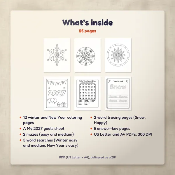 What’s inside the Winter & New Year Activity Pack: six of its pages and the contents list