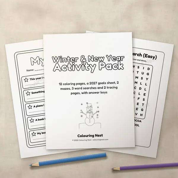 The Winter & New Year Activity Pack cover page and two inner pages, printed and fanned out on linen