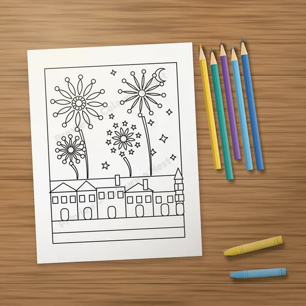 A printed page from the Winter & New Year Activity Pack on a wooden table with colored pencils and crayons