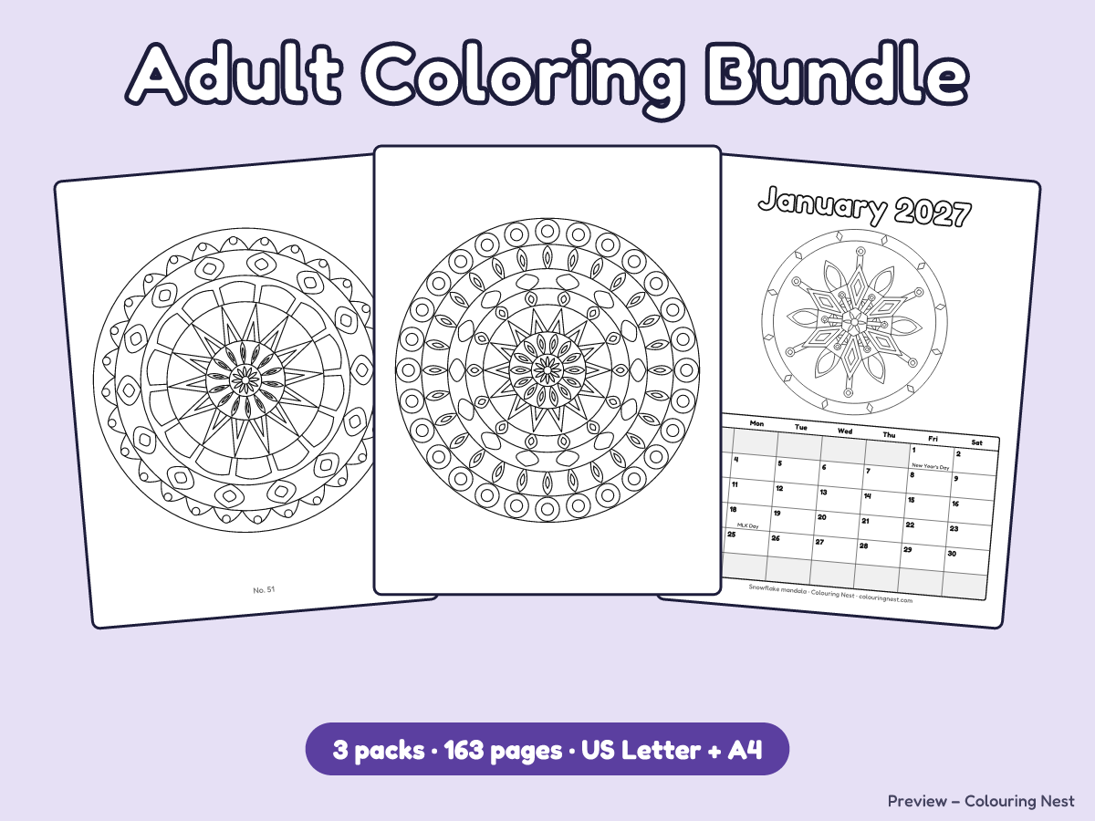 Adult Coloring Bundle cover with pages from all three packs