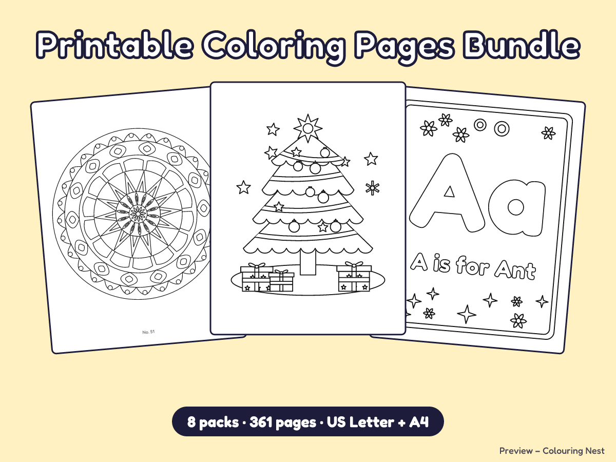 Printable Coloring Pages Bundle cover showing pages from all eight packs