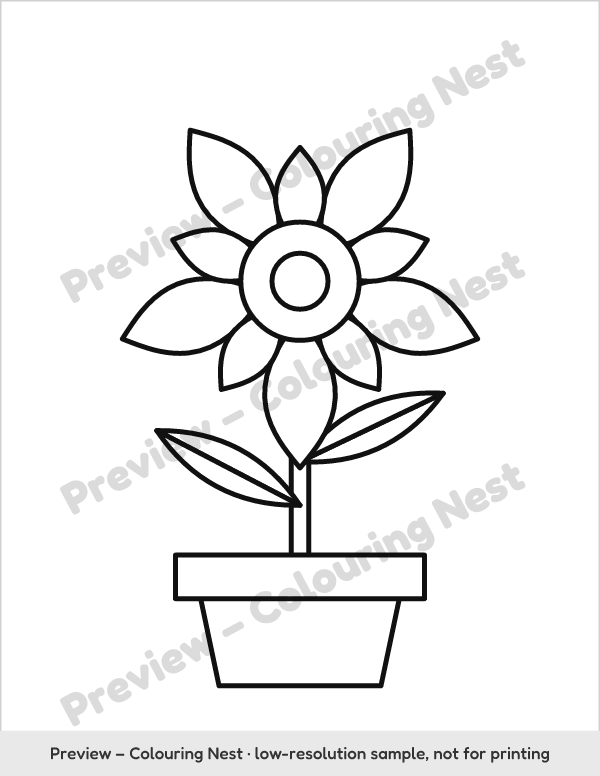 Sample page: a big flower in a pot with thick outlines
