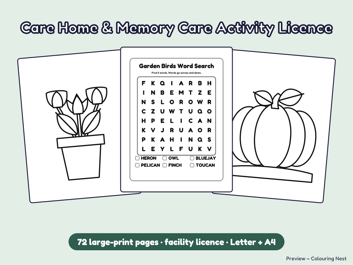 Care Home and Memory Care Activity Licence cover with three large-print sample pages