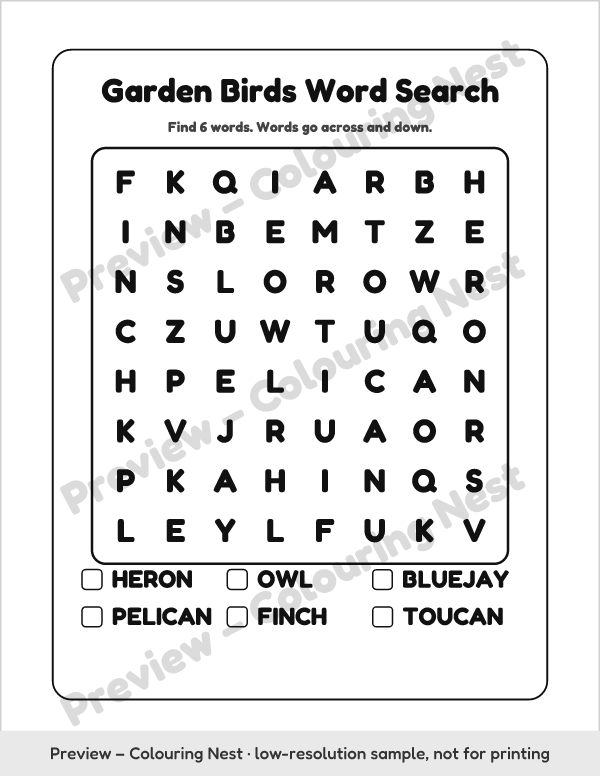 Sample page: a very large print garden birds word search