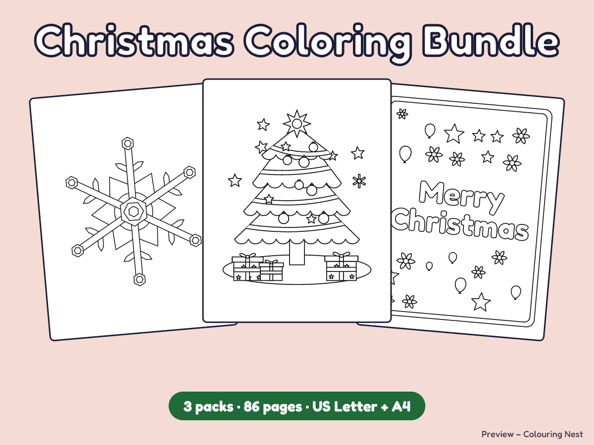 Christmas Coloring Bundle cover with pages from all three packs