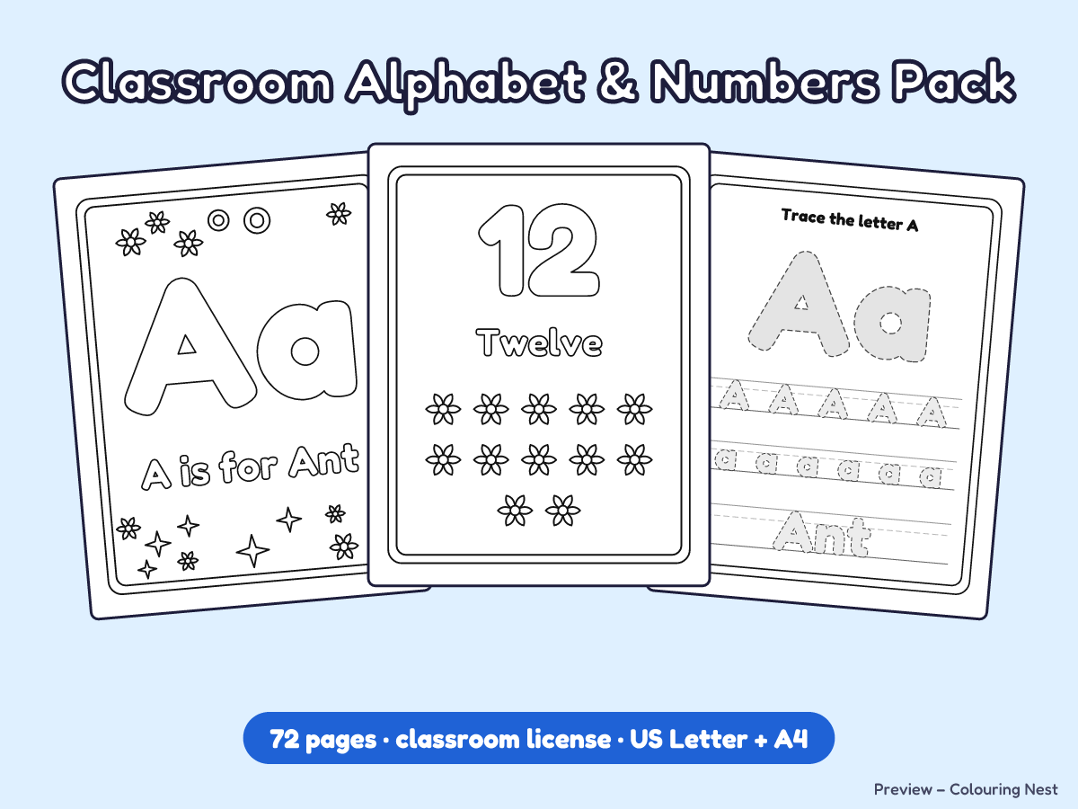 Classroom Alphabet and Numbers Pack cover with sample letter, number and tracing pages