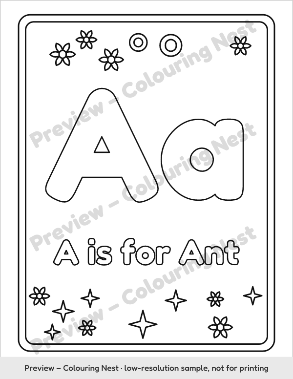 Sample page: letter A coloring page, A is for Ant