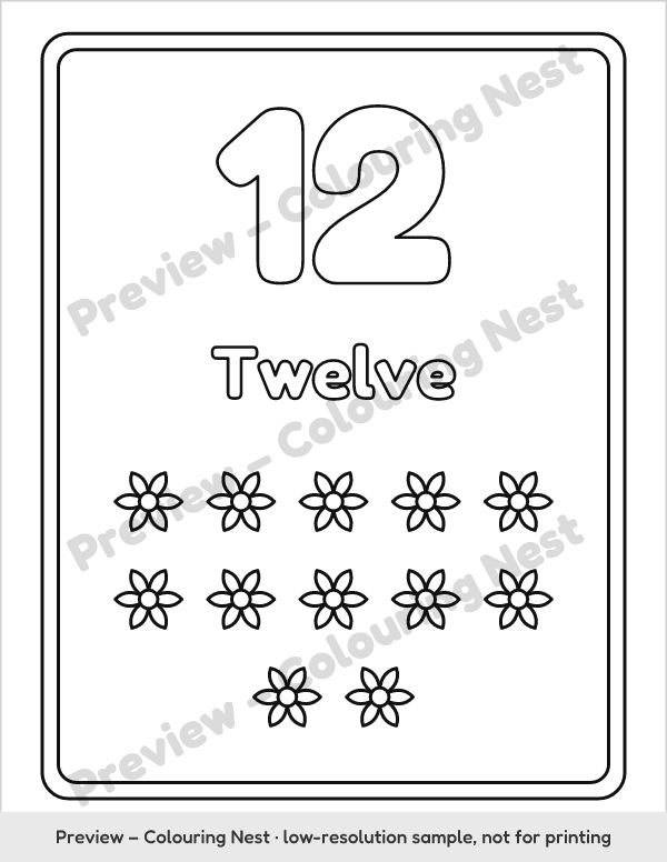 Sample page: number 12 with twelve shapes to count