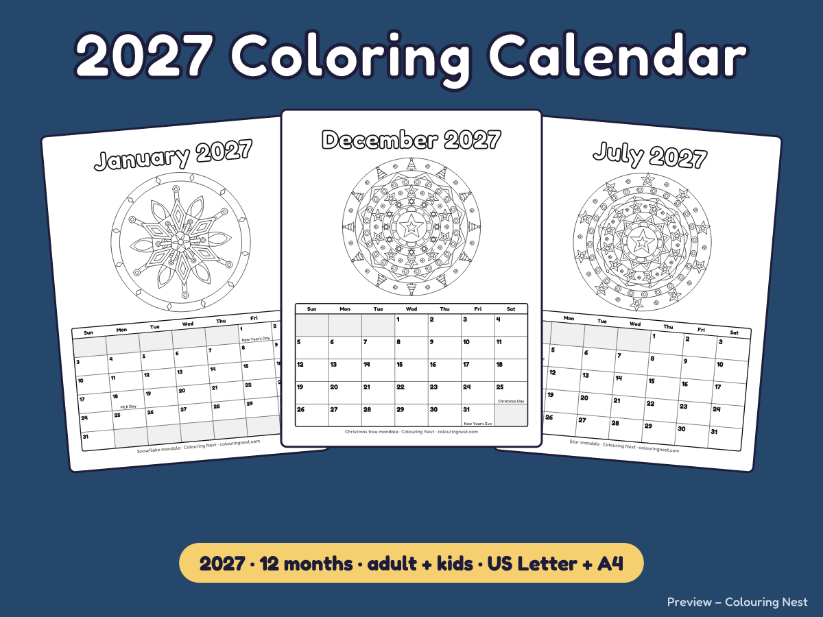 2027 Coloring Calendar cover with three sample month pages