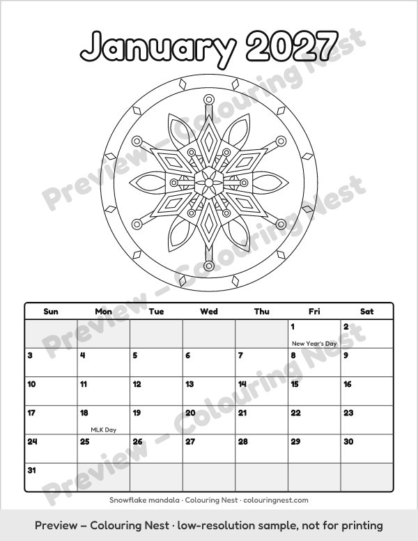 Sample page: January 2027 with a snowflake mandala above the month grid
