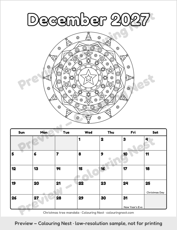 Sample page: December 2027 with a Christmas tree mandala above the month grid