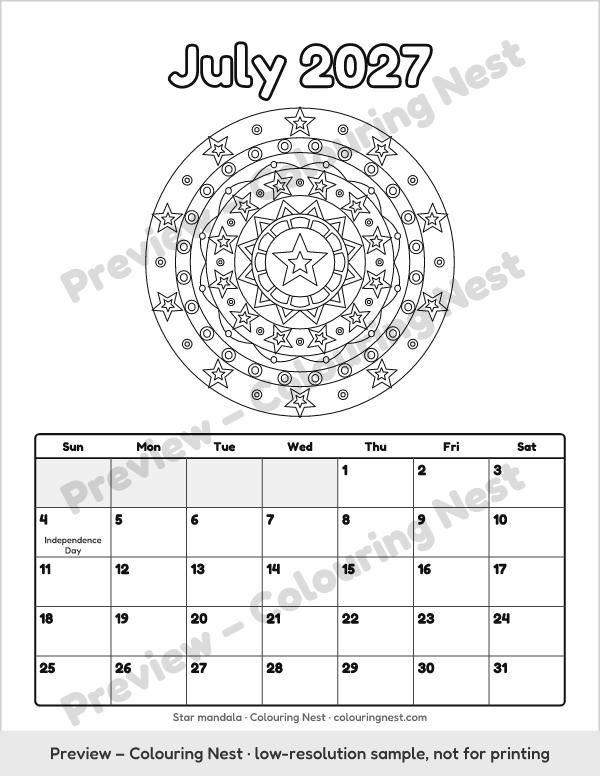 Sample page: July 2027 with a star mandala above the month grid