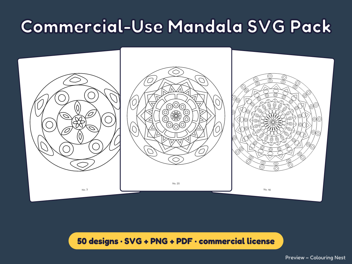 Commercial-Use Mandala SVG Pack cover with three sample mandalas