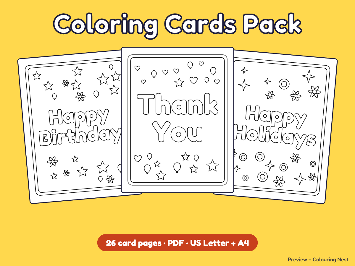 Holiday Card Coloring Pack cover with three sample card pages