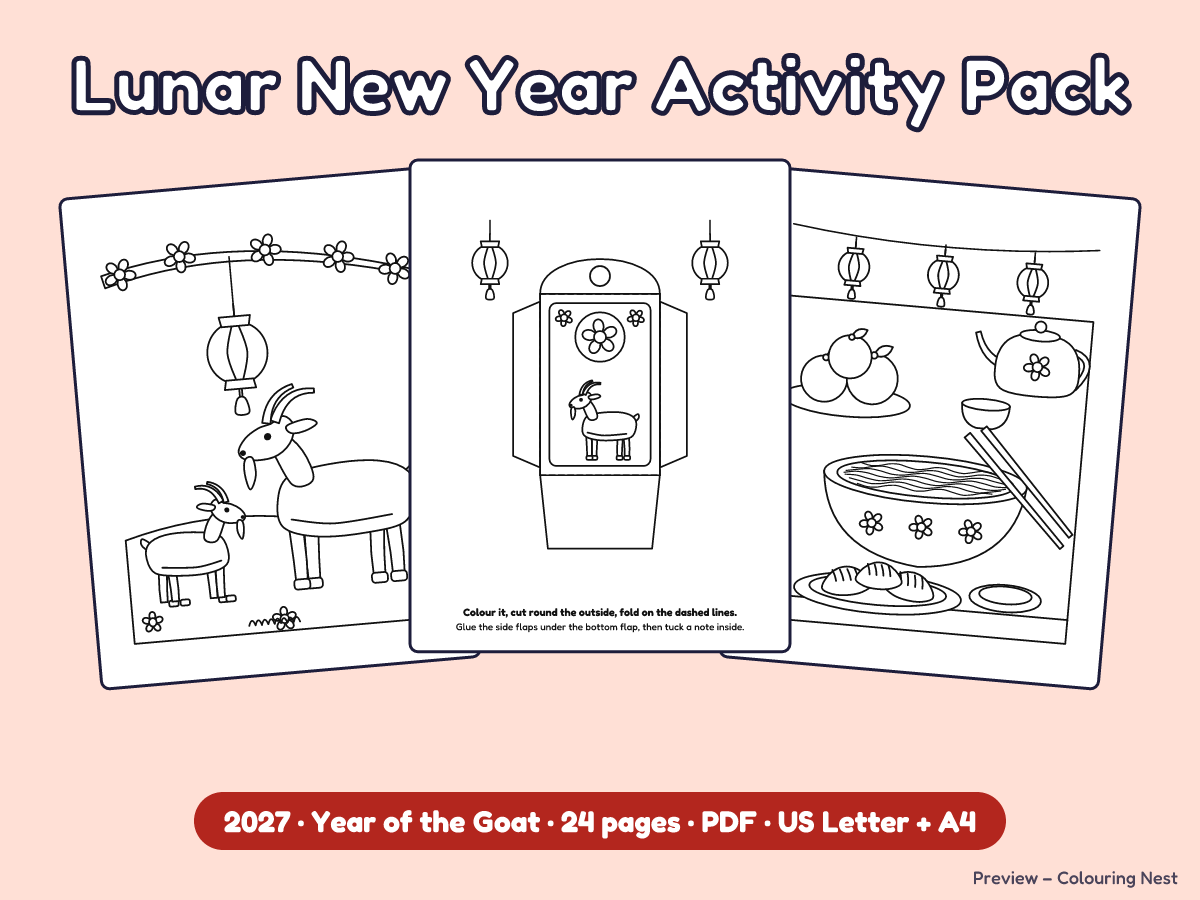 Lunar New Year Activity Pack cover with a goat coloring page, a red envelope craft and a New Year meal page
