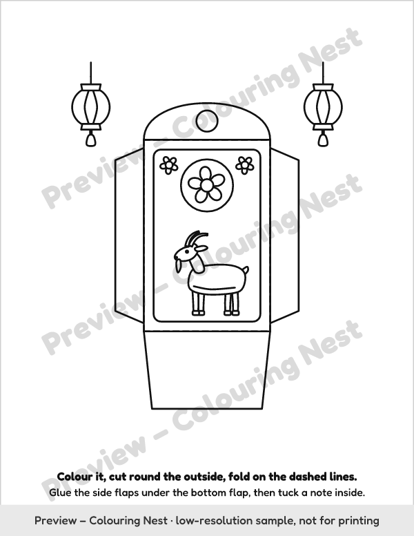 Sample page: a red envelope to color, cut and fold