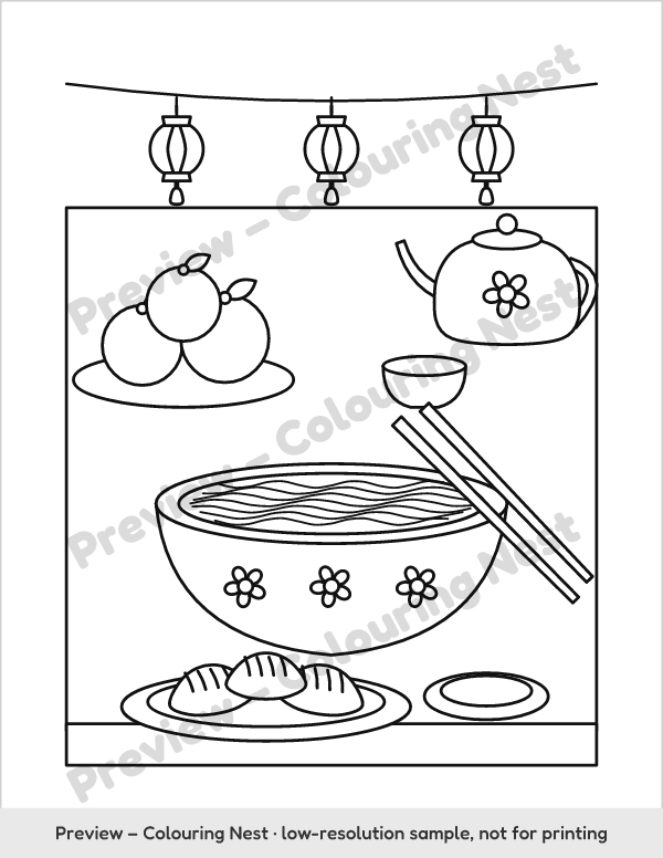 Sample page: noodles, dumplings, oranges and a teapot to color