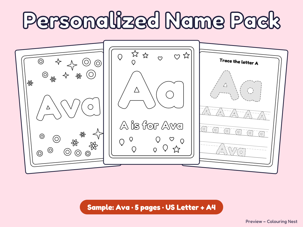 Personalized Name Pack cover showing sample pages for the name Ava