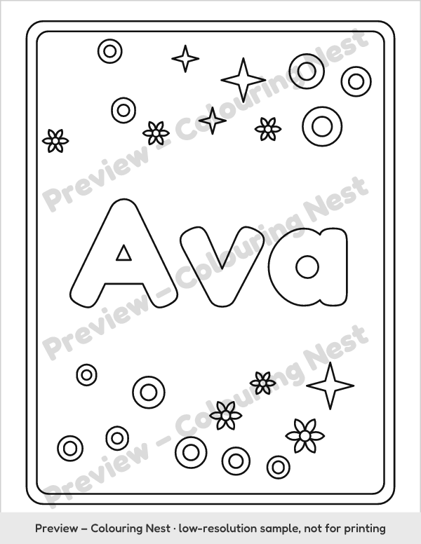 Sample page: the name Ava in bubble letters with decorations