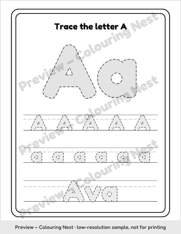 Sample page: tracing worksheet for the letter A and the name Ava