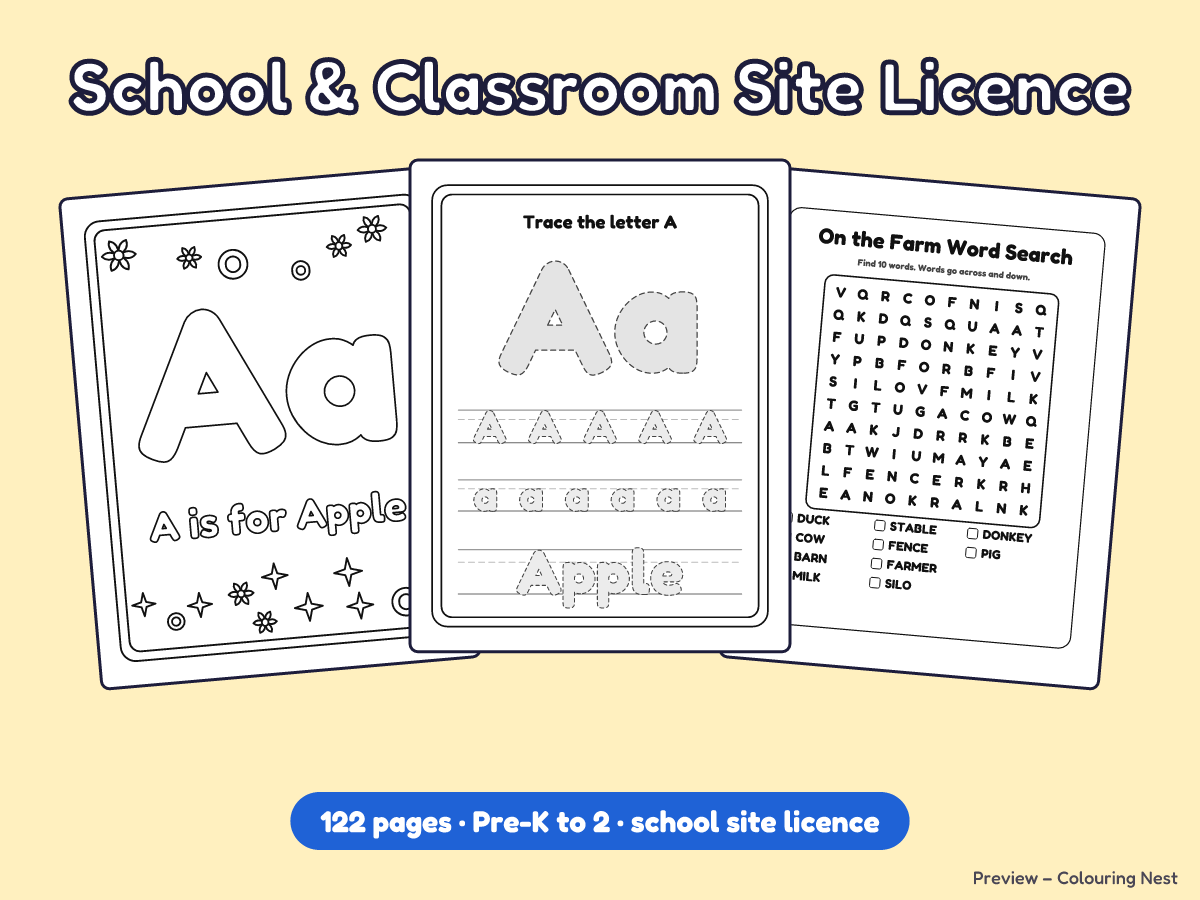 School and Classroom Site Licence cover with sample alphabet, tracing and word search pages