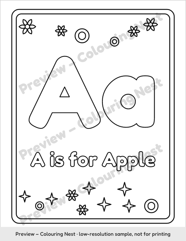 Sample page: letter A coloring page, A is for Apple