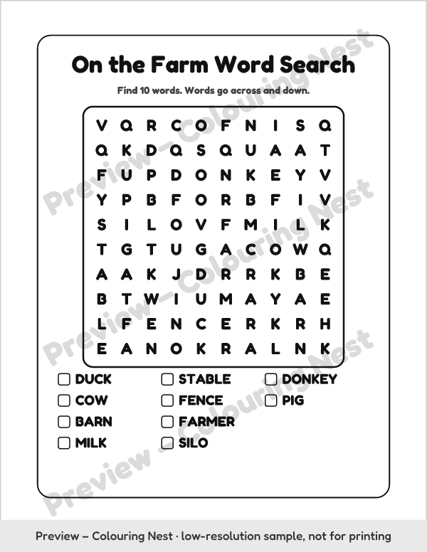 Sample page: an On the Farm word search for grades 1 to 2