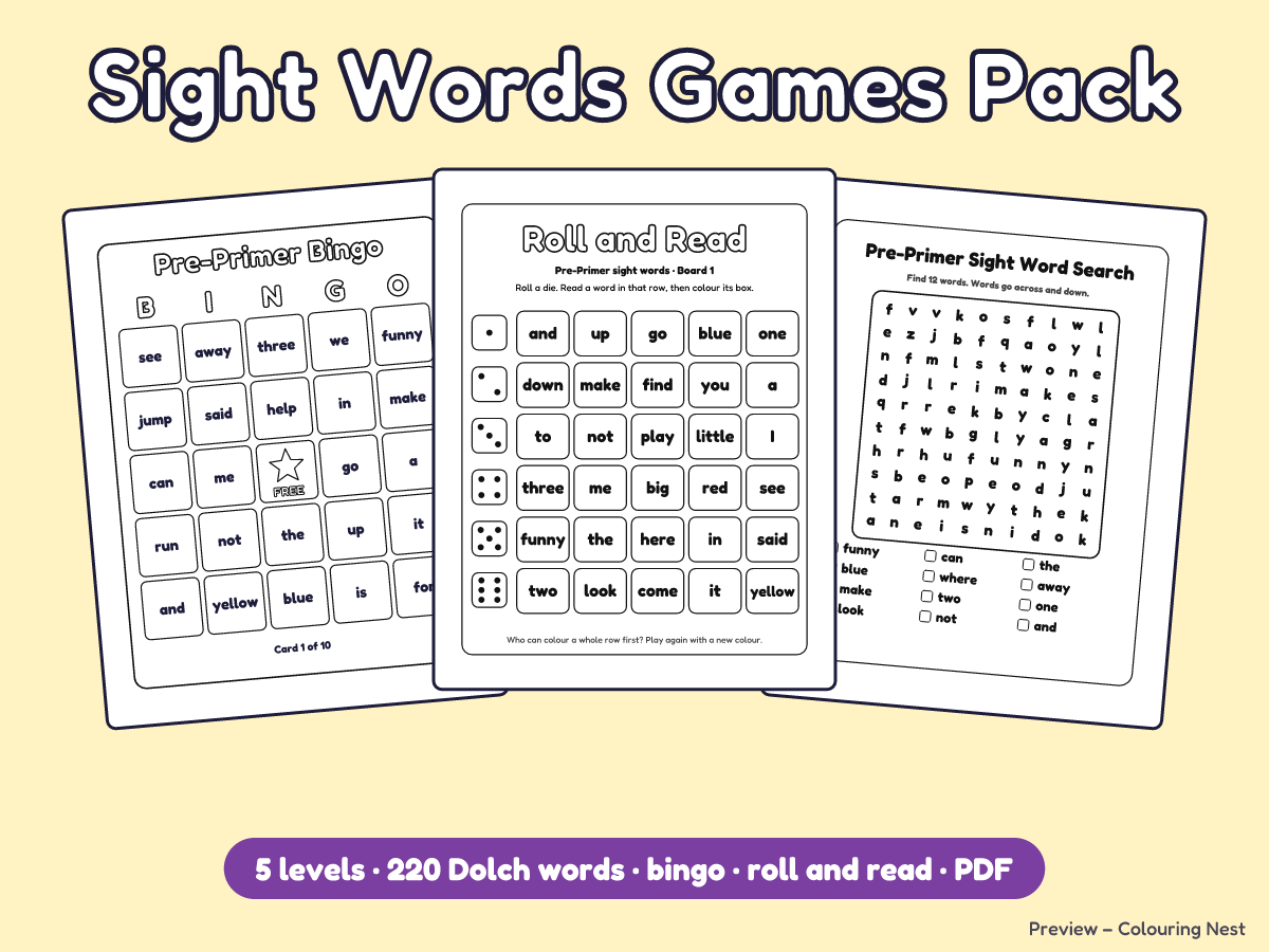 Sight Words Games Pack cover with a bingo card, a roll and read board and a word search