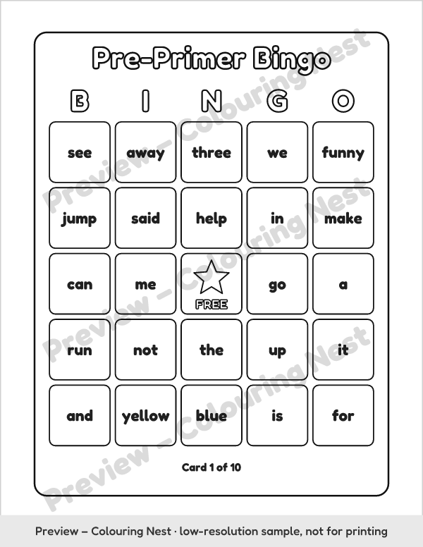Sample page: a Pre-Primer sight word bingo card