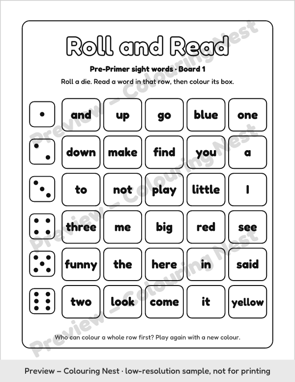 Sample page: a roll and read board with dice faces and sight words