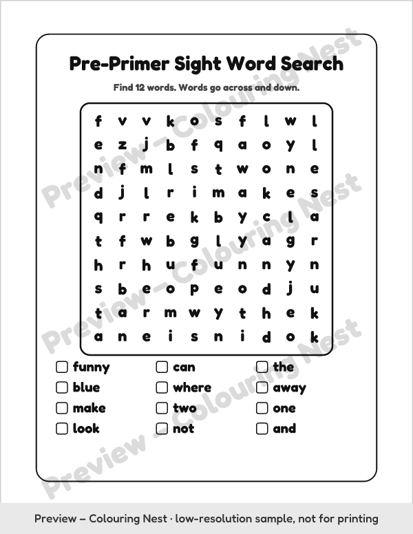 Sample page: a Pre-Primer sight word search