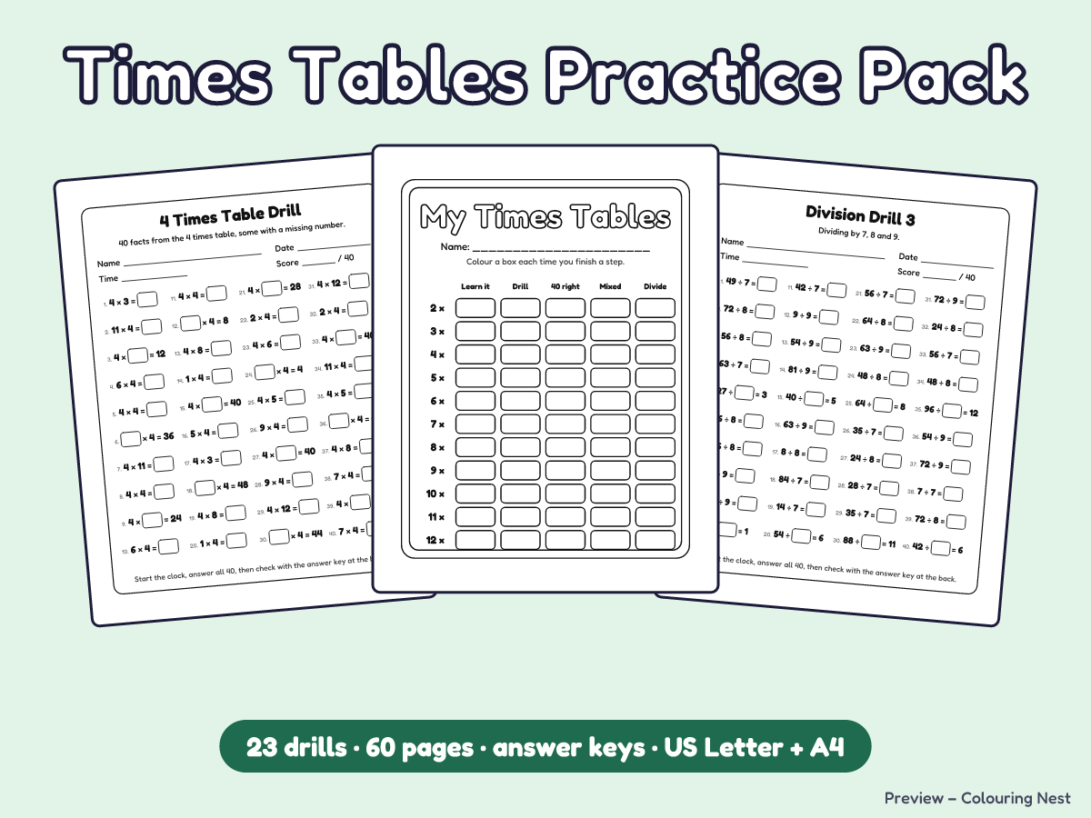 Times Tables Practice Pack cover with a speed drill, a progress tracker and a division drill