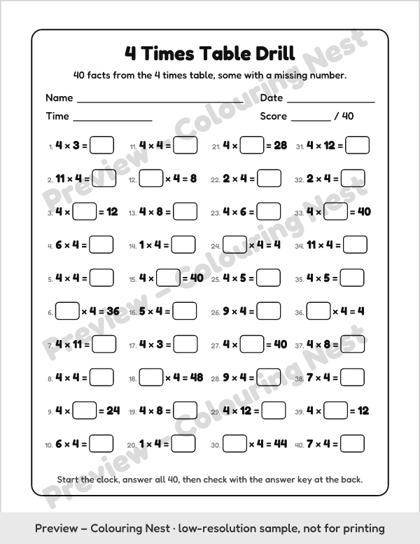Sample page: the 4 times table speed drill with 40 facts