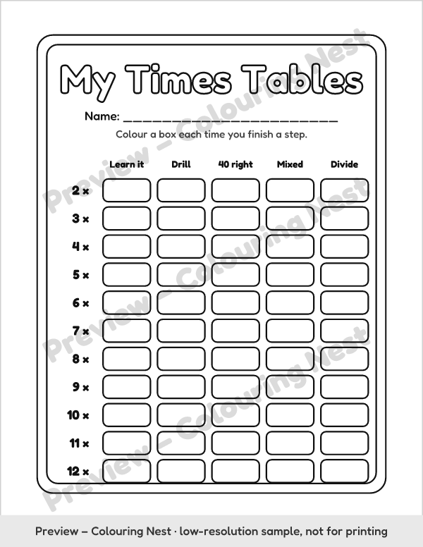 Sample page: a times tables progress tracker to color